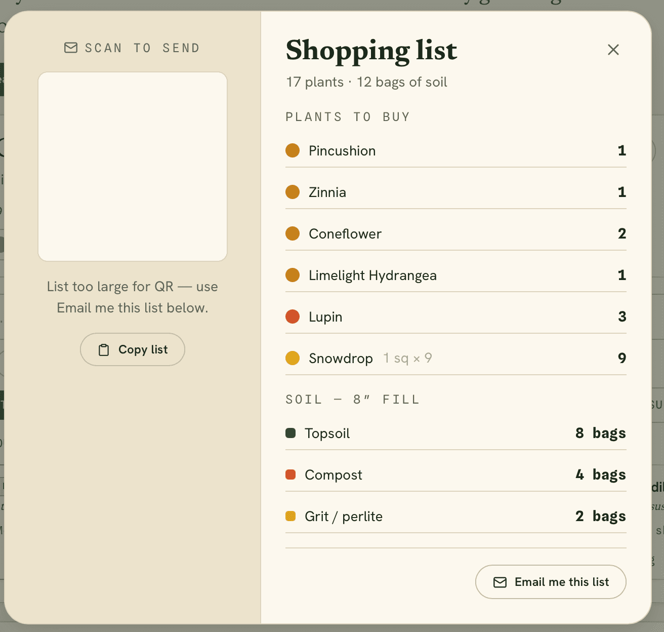 A shopping list of 17 plants and 12 bags of soil with a scan-to-send QR code and an email-me-this-list button