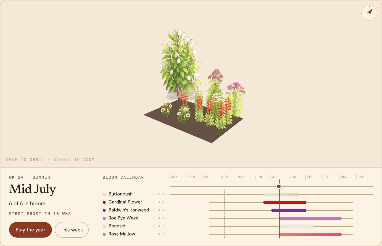 Boneset, Joe Pye Weed, Buttonbush & More Border, a 3D preview of the planted bed
