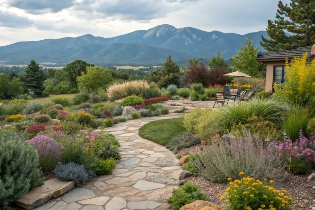 A flagstone path curving through drought-tolerant mounds of lavender, silver sage, ornamental grasses and yellow and pink flowers, with a patio and mountains beyond